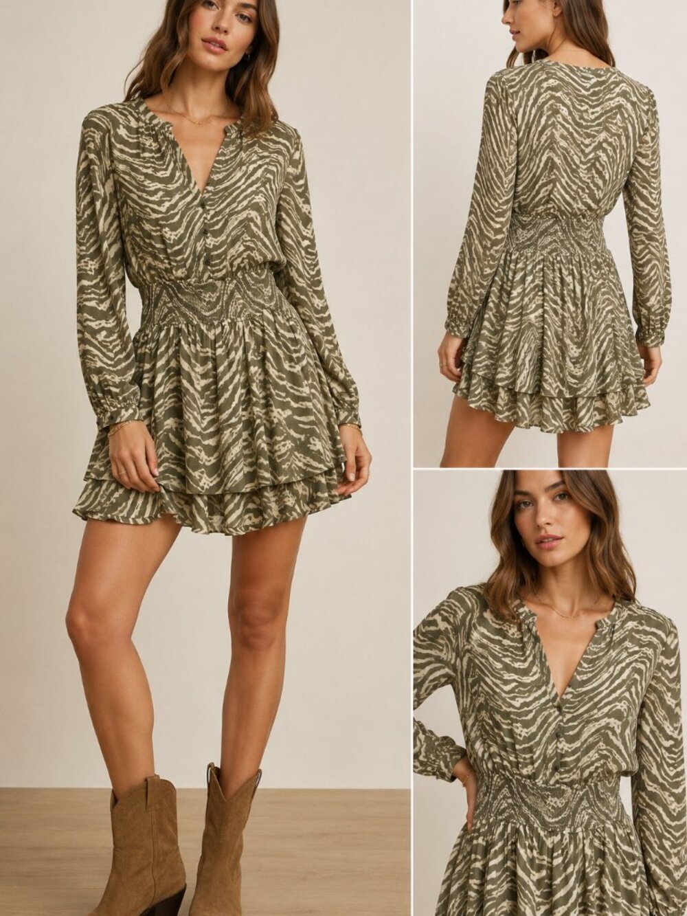 Rails Jasmine Safari Wild Cat Smocked Waist Mini Dress Medium Animal Print Boho